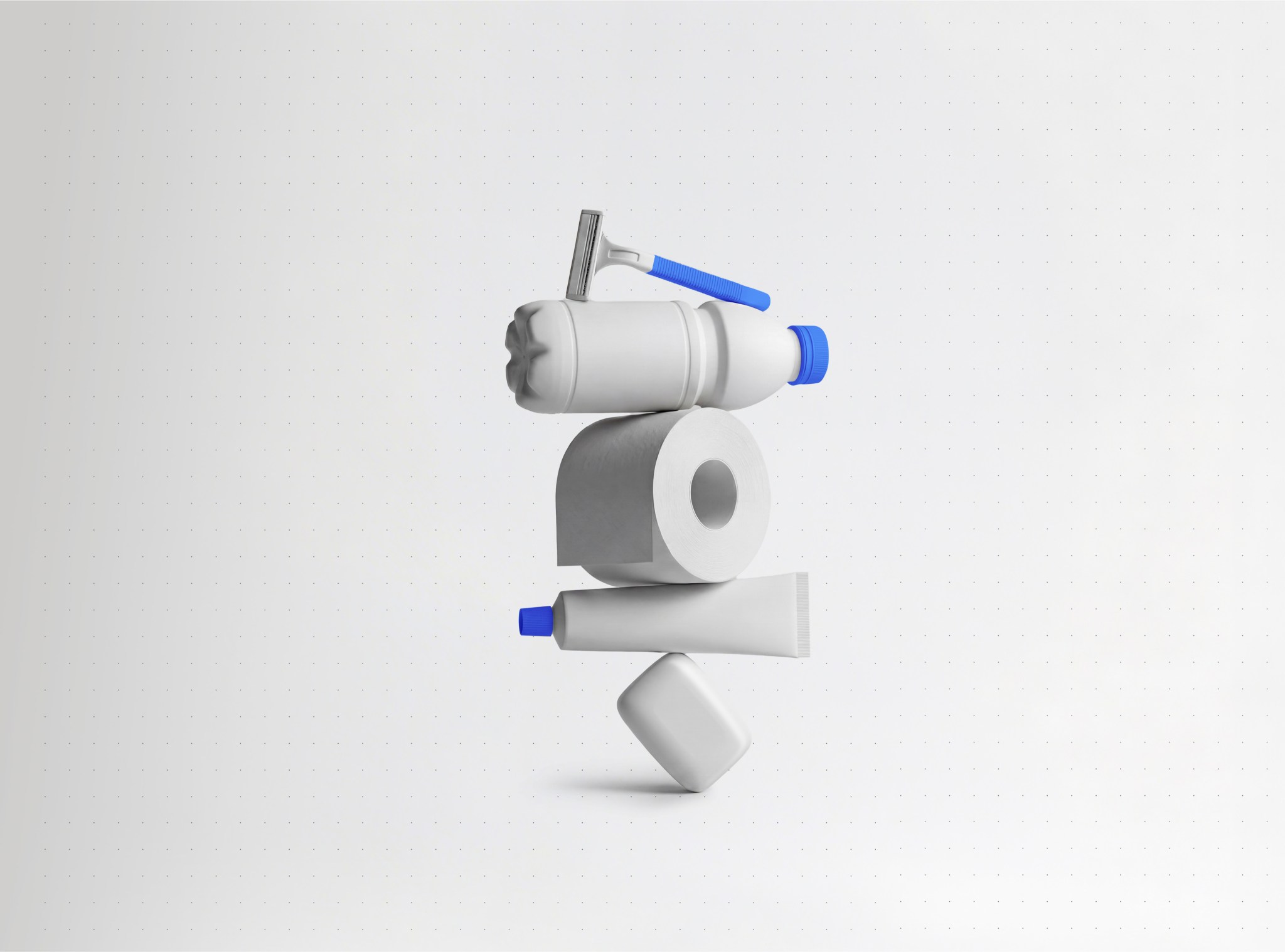 Abstract stack of everyday consumer products, including a razor, bottle, toilet roll, tube and container, with blue accents on a white background.