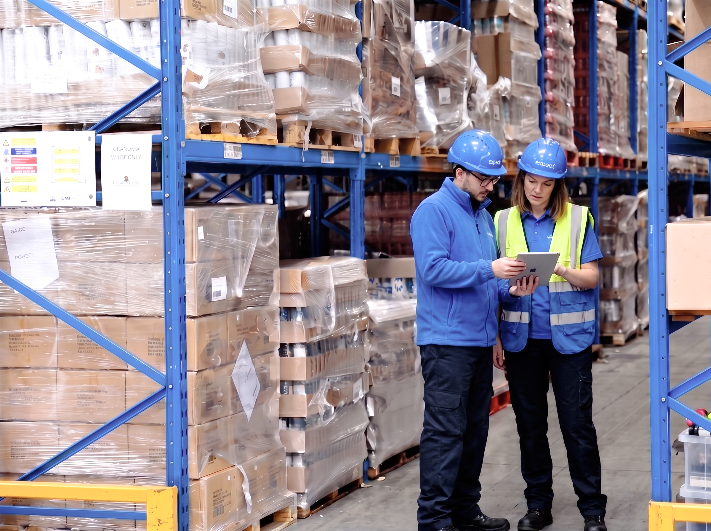 Two logistics employees in safety helmets review inventory on a tablet between stocked warehouse racks.