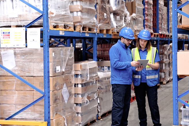 Two logistics employees in safety helmets review inventory on a tablet between stocked warehouse racks.
