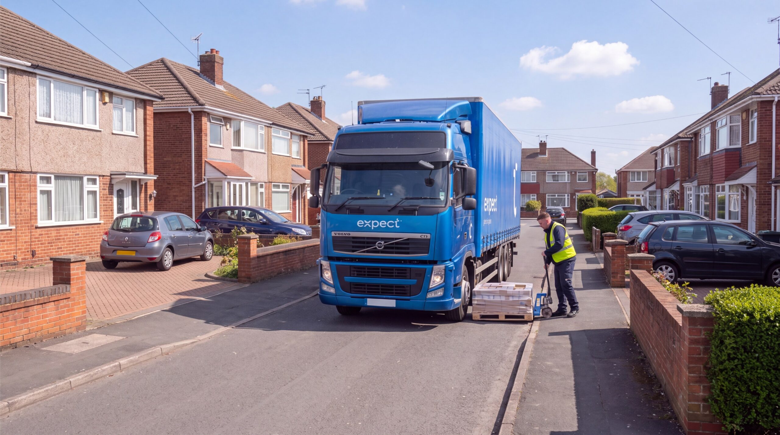 Expect Logistics driver unloading palletised goods from a blue lorry on a residential street.