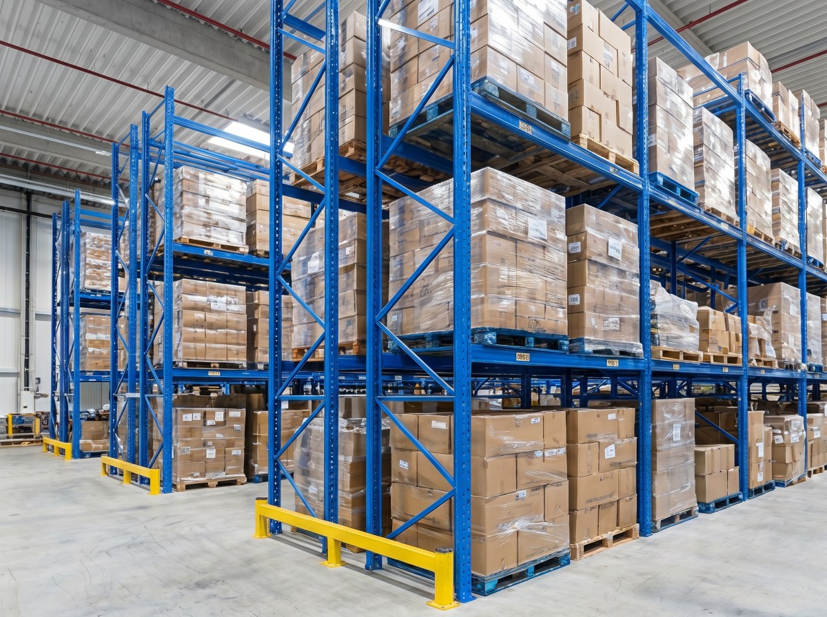 Pallets of packaged goods stacked on tall blue storage racks inside a large, brightly lit warehouse.