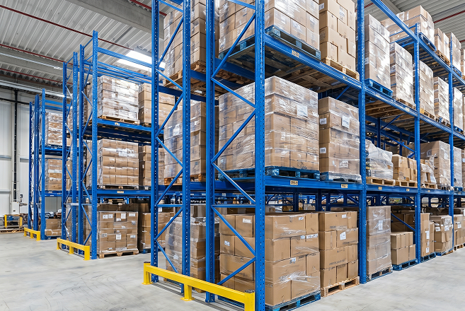 Pallets of packaged goods stacked on tall blue storage racks inside a large, brightly lit warehouse.